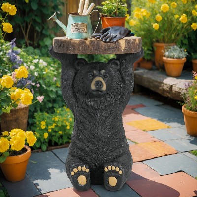 Okak Black Bear Outdoor Side Table with Hand Painted Sculpture, Patio End Table with MGO Frame, Outdoor Coffee Table for Yard, Black+Brown