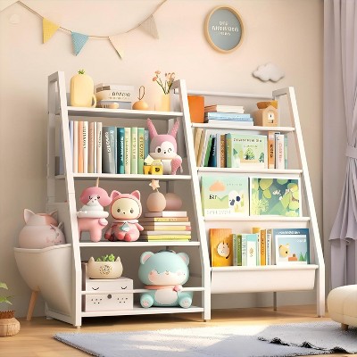Vynxaria Bookshelf Series 24 in. Wide White Metal 4-Shelf Kids Bookcase with Extra Pocket and Side Pockets