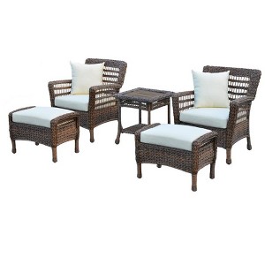 Jiallo Modern Concept Faux Sea Grass Resin Rattan Patio Set -  2 Armchairs, 2 Ottoman and 1 End Table - 1 of 4