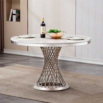 PAGED 46.85" Dining Table, Round Kitchen Table with Faux Marble Tabletop and Stainless Steel Base, Coffee Table for Kitchen Dining