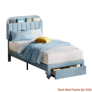 Twin Bed Frame Velvet Upholstered Platform Bed with Bookcase Headboard for Kids Girls Heavy Duty Steel Support Legs Easy Assembly Noise Free - 1 of 4