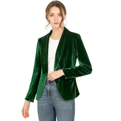 Unique Bargains Women's Button Front Velvet Blazer Lapel Office Crop Suit  Jacket 