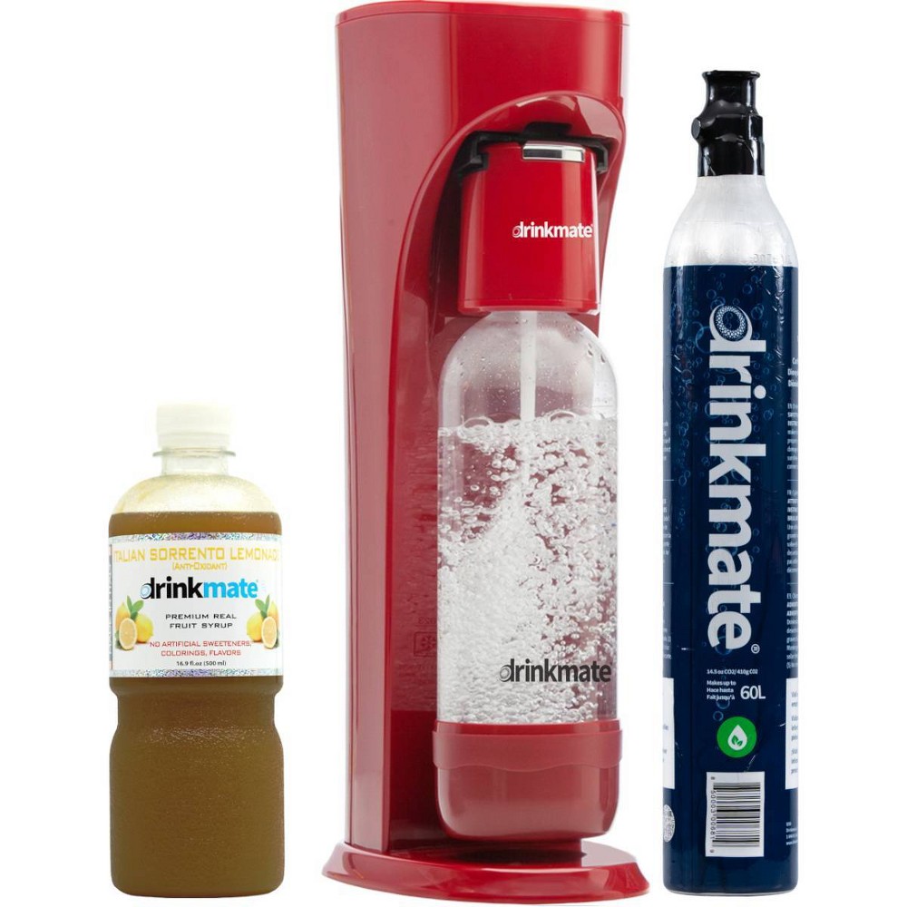 Drinkmate Sparkle Up Bundle OmniFizz Soda Maker with Lemonade Syrup Royal Red