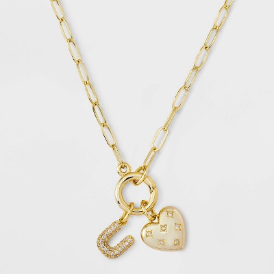 14K Gold Dipped Cubic Zirconia Puffy Heart Charm Initial Necklace - A New Day™ Gold