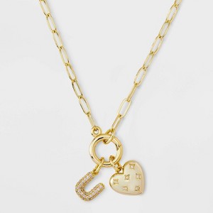 14K Gold Dipped Cubic Zirconia Puffy Heart Charm Initial Necklace - A New Day™ Gold - 1 of 4