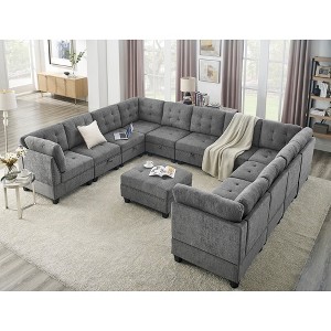 142" Chenille Upholstery U-Shaped Modular Sectional Sofa with 11 Storage Seats, 11-piece DIY Combinations Sofa - 1 of 4
