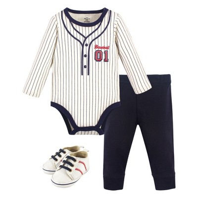 Image of Little Treasure Baby Boy Cotton Bodysuit, Pant and Shoe 3pc Set, Baseball Uniform, 3-6 Months