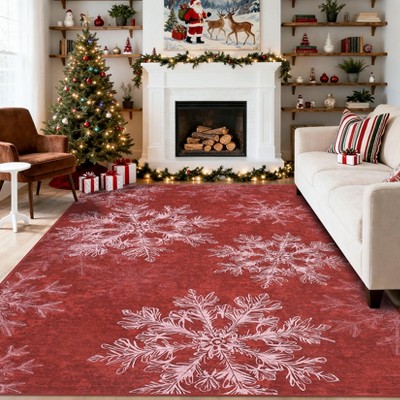 Christmas Washable Rug Area Rugs for Living Room Snowflake Non Slip Throw Rugs Modern Large Rugs for Bedroom Low Pile Soft Non Shedding Carpet