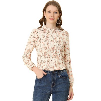 Allegra K Women's Floral Puff Long Sleeve Ruffle Collar Pearl Decor Blouse