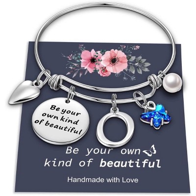 Butterfly Initial Bracelets for Teen Girls and Women with Crystal Butterfly and Pearl, Expandable Bangle