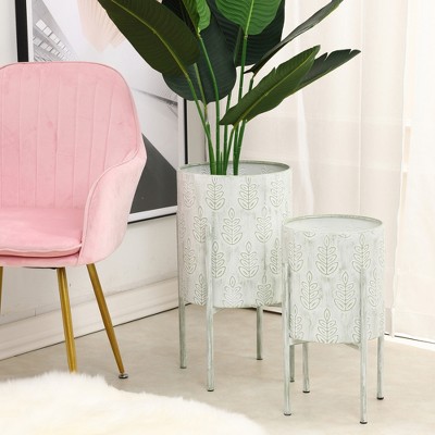Elegant White and Sage Metal Leaf Embossed Planter Set with Stand