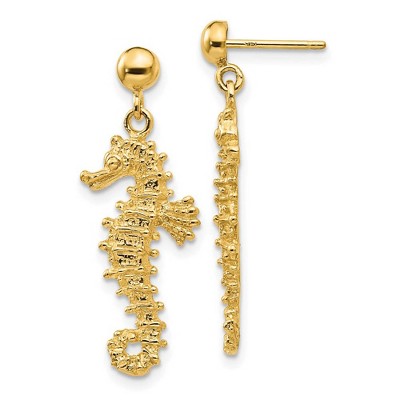 Black Bow Jewelry Large Textured Seahorse Dangle Post Earrings in 14k Yellow Gold