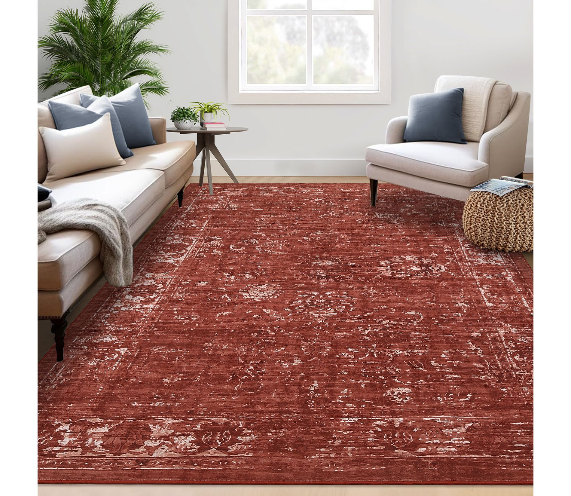 Area Rug Vintage Floral Distressed Rugs for Living Room Bedroom Indoor Non-Slip Accent Rug, 9'x12'