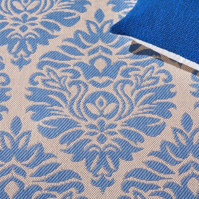 Cream and Blue Geometric Synthetic Square Area Rug 79" x 79"