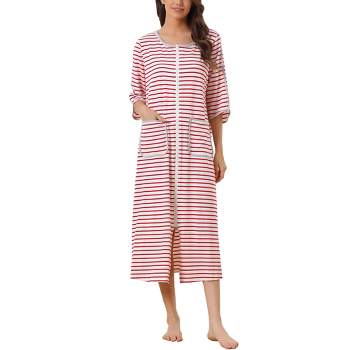 cheibear Women's Zip Front Robe 3/4 Sleeve Striped Long Bathrobe Dress Pajama