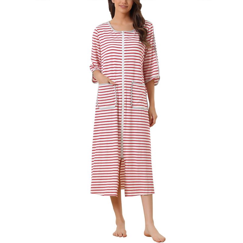 cheibear Women's Zip Front Robe 3/4 Sleeve Striped Long Bathrobe Dress Pajama, 1 of 6
