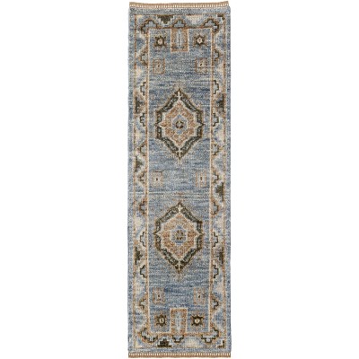 Ivory Tan and Blue Wool Oriental Hand Knotted Area Rug With Fringe