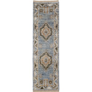 Ivory Tan and Blue Wool Oriental Hand Knotted Area Rug With Fringe - 1 of 4