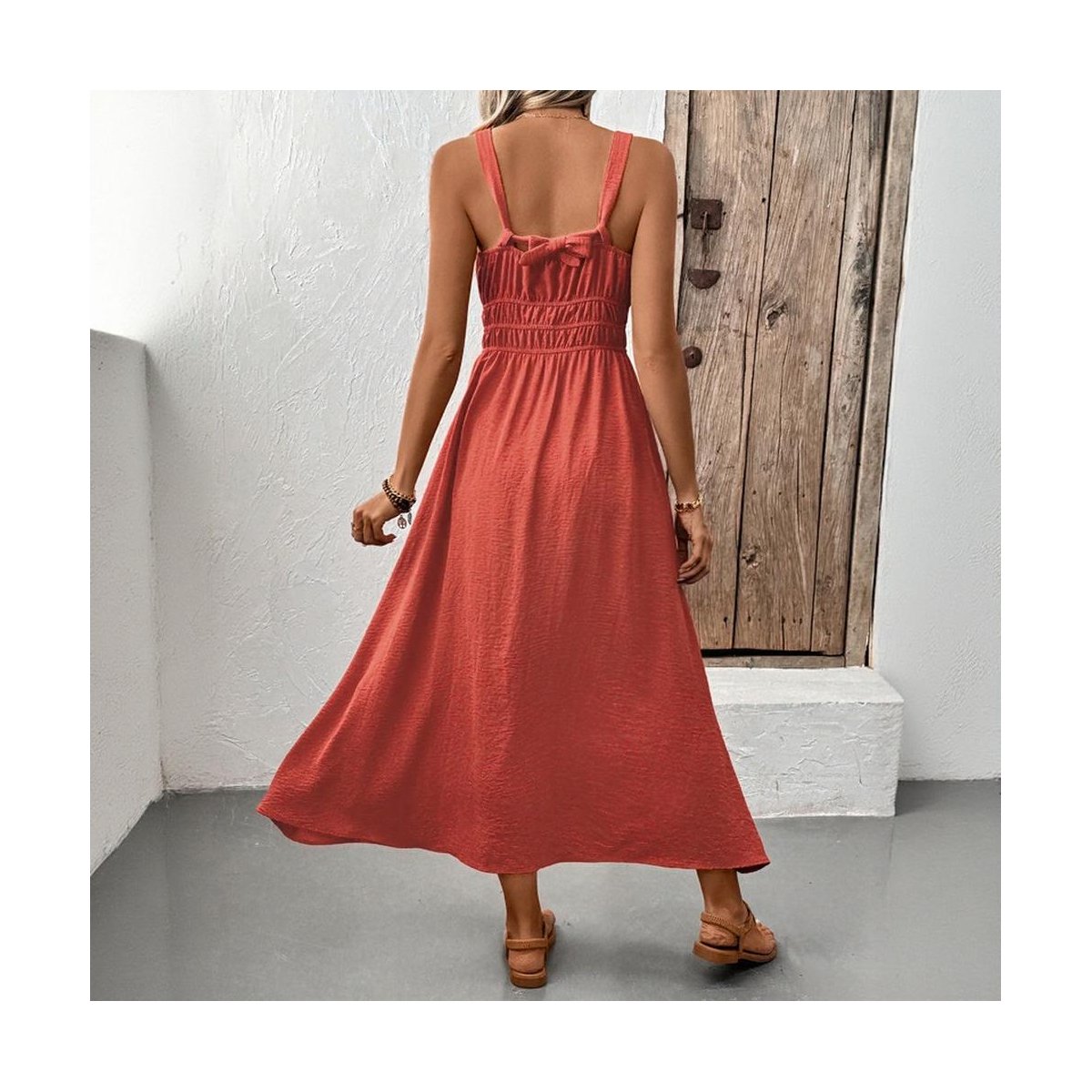 Женские платья YesFashion Womens Summer Dresses Sleeveless Button Down Smocked Waist Casual A-Line Swing Midi Dress Sundress Mahogany M — фото 2