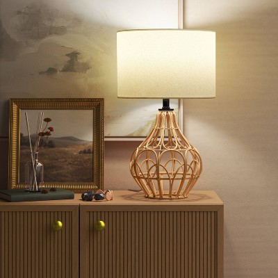 Boho Rattan Table Lamp with Cream Shade