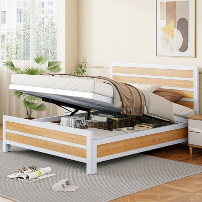 CAVINAS Full Size Hydraulic Bed Modern Wooden Bed Frame with 2 Storage Drawers and Bottom Storage Space for Bedroom
