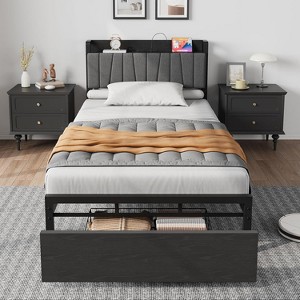 Bed Frame with Storage Headboard & Drawer, Industrial Black Platform Bed with Charging Station, Sturdy Wood Slats, No Box Spring Required - 1 of 4