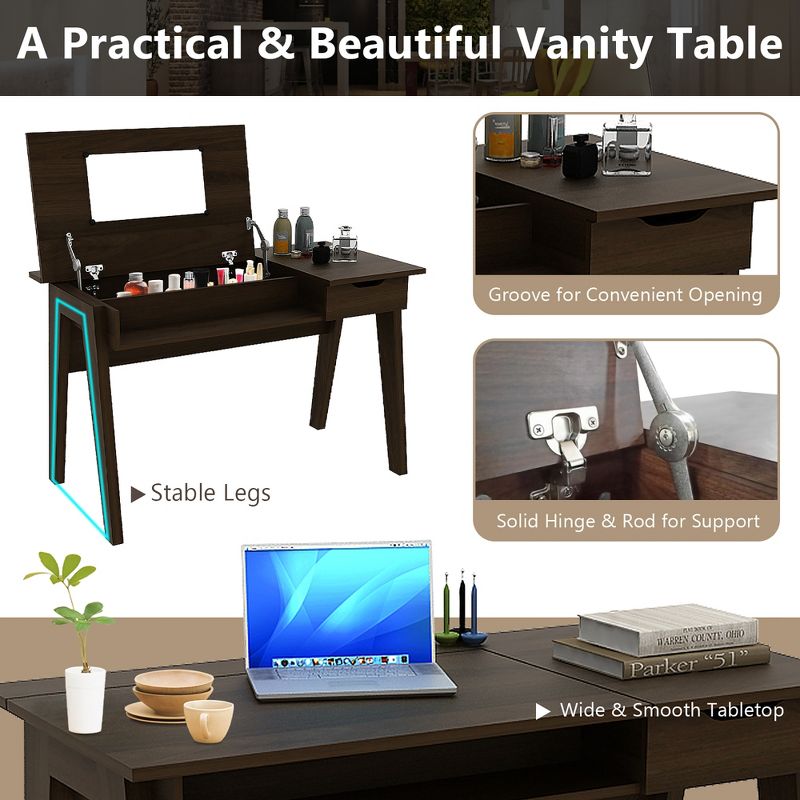 Costway Vanity Table with Flip Mirror Writing Computer Desk Storage Drawer Walnut, 5 of 11
