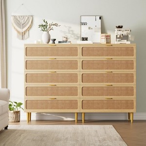 Cocuehta Rattan 5 Drawer Dressers for Bedroom, Large Chest of Drawers for Closet with Wide Top, Tall Dresser with Deep Drawers, Long Wooden Dresser - 1 of 4