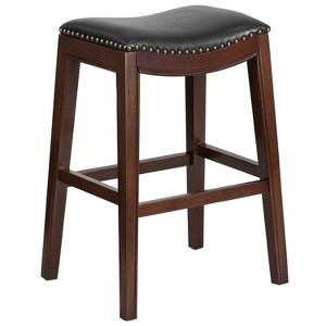 Merrick Lane 30'' Backless Saddle Style Barstool Traditional Cappuccino Finish Wood Barstool in Black Faux Leather with Nail Accent Trim - 1 of 4