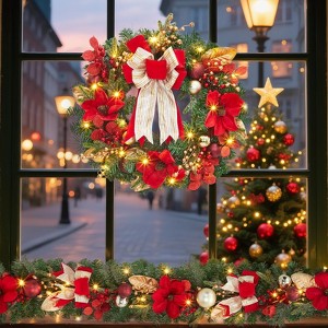 Christmas Wreath, 24'' Artificial Pre-Lit Christmas Wreaths for Front Door with 20 LED Lights & 8 Modes, Pine Needles & Red Berries, Accent Decor - 1 of 4