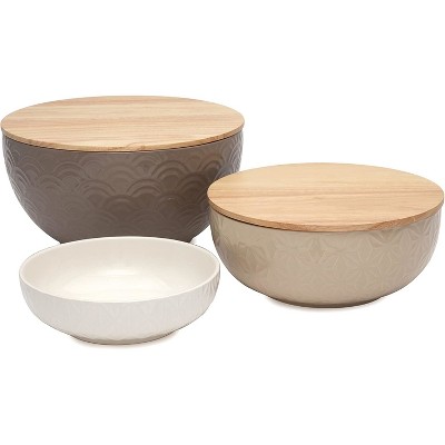 Thirstystone Ceramic Serving and Mixing Bowls with Acacia Wood Lids, Set of 3 Nesting Bowls for Food Prep, Storage, and Holiday Serving