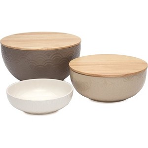 Thirstystone Ceramic Serving and Mixing Bowls with Acacia Wood Lids, Set of 3 Nesting Bowls for Food Prep, Storage, and Holiday Serving - 1 of 4