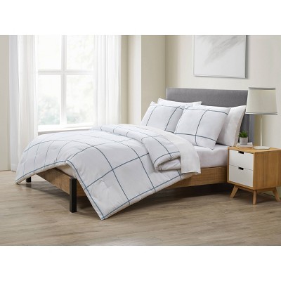 King 3pc Geo Comforter Set White/Blue - Jade + Oake