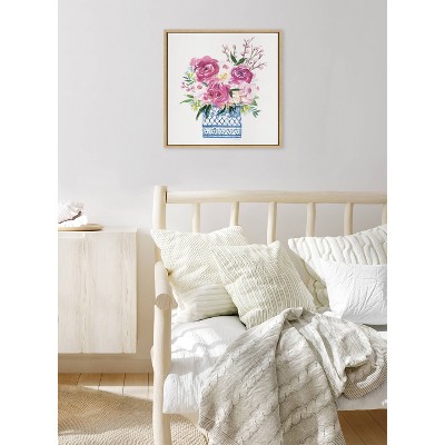 22" Pink Blooms Chinoiserie Canvas Print with Natural Frame