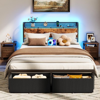 Furnulem Full Size Bed Frame with Headboard Storage Platform Bed Frame Full Size Charging Station and LED Lights