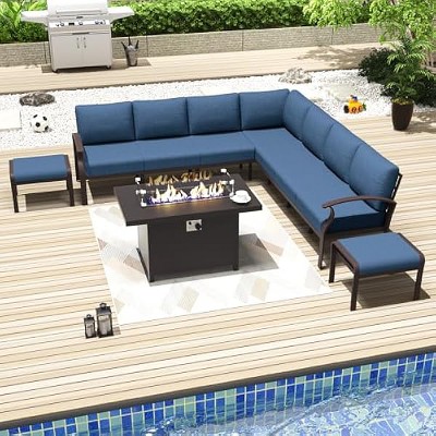 ALAULM Aluminum Patio Furniture Set Modern Metal Outdoor Conversation Sets w/45in Propane Fire Pit Table, Patio Sectional Sofa w/5.1 Inch Cushion
