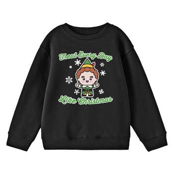 Elf "Treat Every Day Like Christmas" Chibi Buddy with Snowflakes Youth Black Crew Neck Sweatshirt