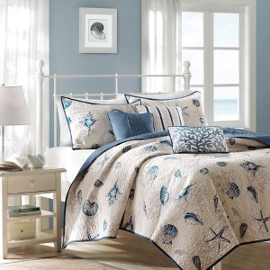 Sapphtopaz Bedding Quilt Set Comforter Set Coastal Style Shell Coral Print Reversible Quilt Set with Throw Pillows - 1 of 4