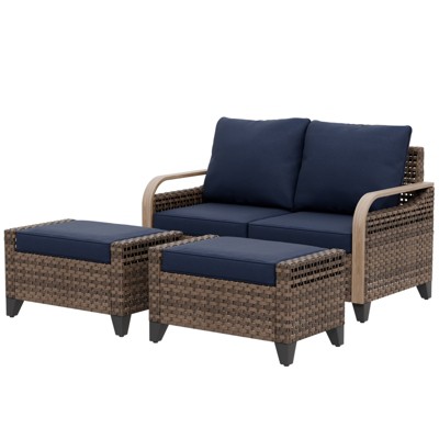 Outdoor Rattan Furniture Set Patio Seating Set Patio Loveseat with Ottoman