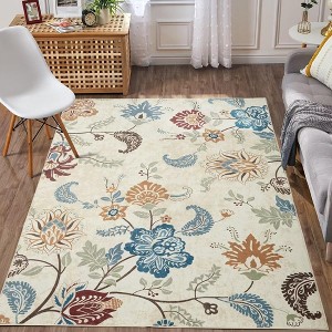 Floral Rug Vintage Distressed Rug Colorful Indoor Floor Mat Washable Accent Rug - 1 of 4