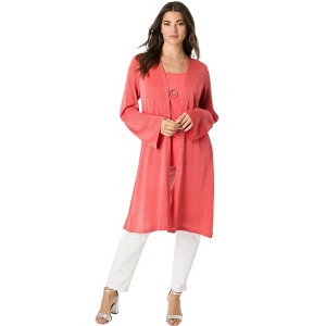 Roaman's Women's Plus Size Long Knit Shimmer Cardigan Sweater - 1 of 4