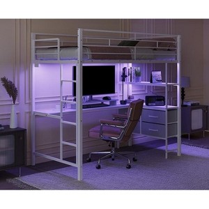 VINGLI Full Loft Bed with 15 Inches Guardrail/ Desk/Flat Rungs/LED/2 Charging Stations/Storage Shelves/Dresser, Heavy Duty Metal Support Slat, White - 1 of 4