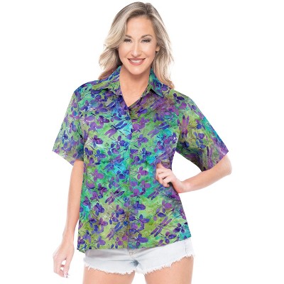 LA LEELA Women's Button Down Short Sleeve Summer Blouse Tops Hawaiian Club party Casual Aloha Party Shirt