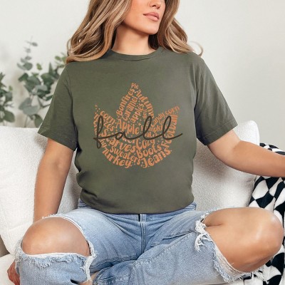 Simply Sage Market Cursive Fall Leaf Short Sleeve Tee