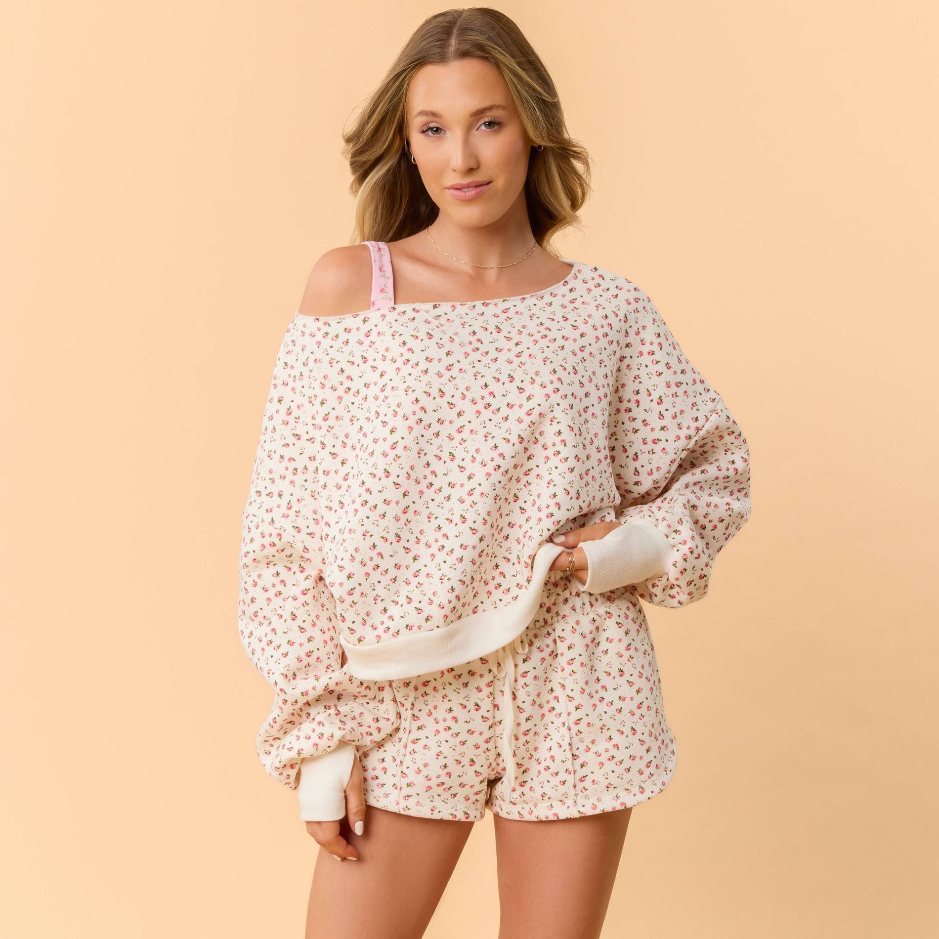 Blogilates Women's Dance Studio Off the Shoulder Sweatshirt - Cream Floral L
