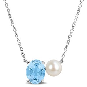 EVERLY JEWELRY | Sterling Silver 6-6.5mm Cultured Freshwater Pearl and 2 1/2 CT TGW Sky-Blue Topaz Necklace - 17 inch - 1 of 4