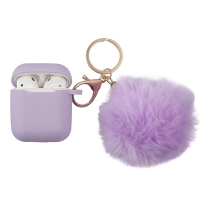 Insten Cute Case Compatible with AirPods 1 & 2 - Fluffy Pom Pom Protective Silicone Cover with Keychain, Purple