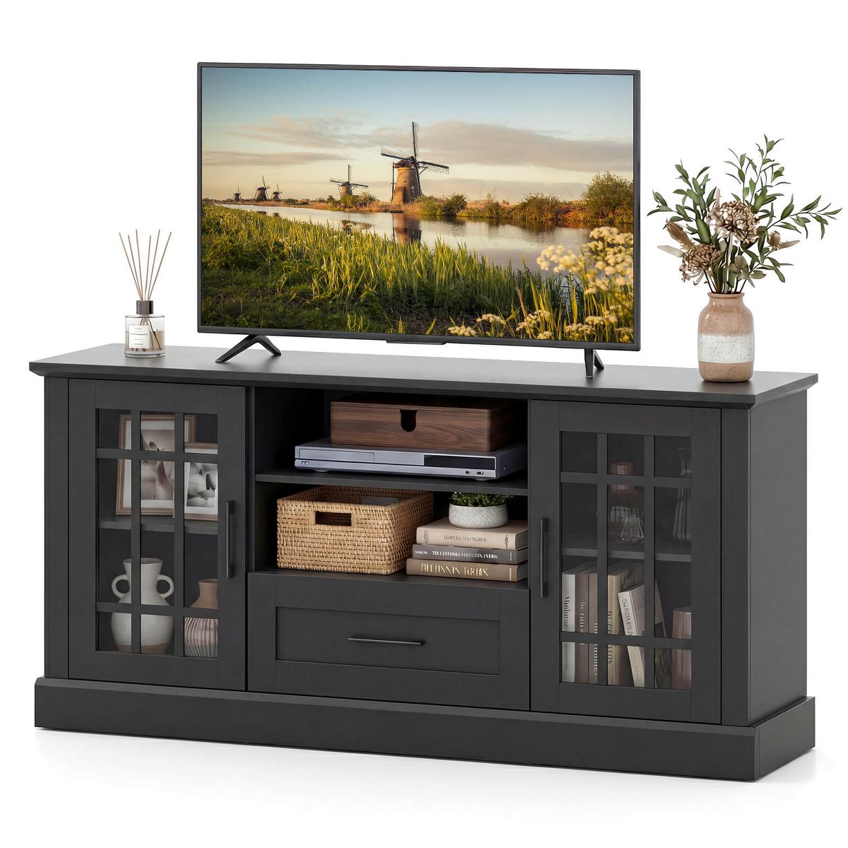 Costway Farmhouse TV Stand for TVs up to 70" Media Center with Glass Doors Cubbies & Drawer Green/White/Black