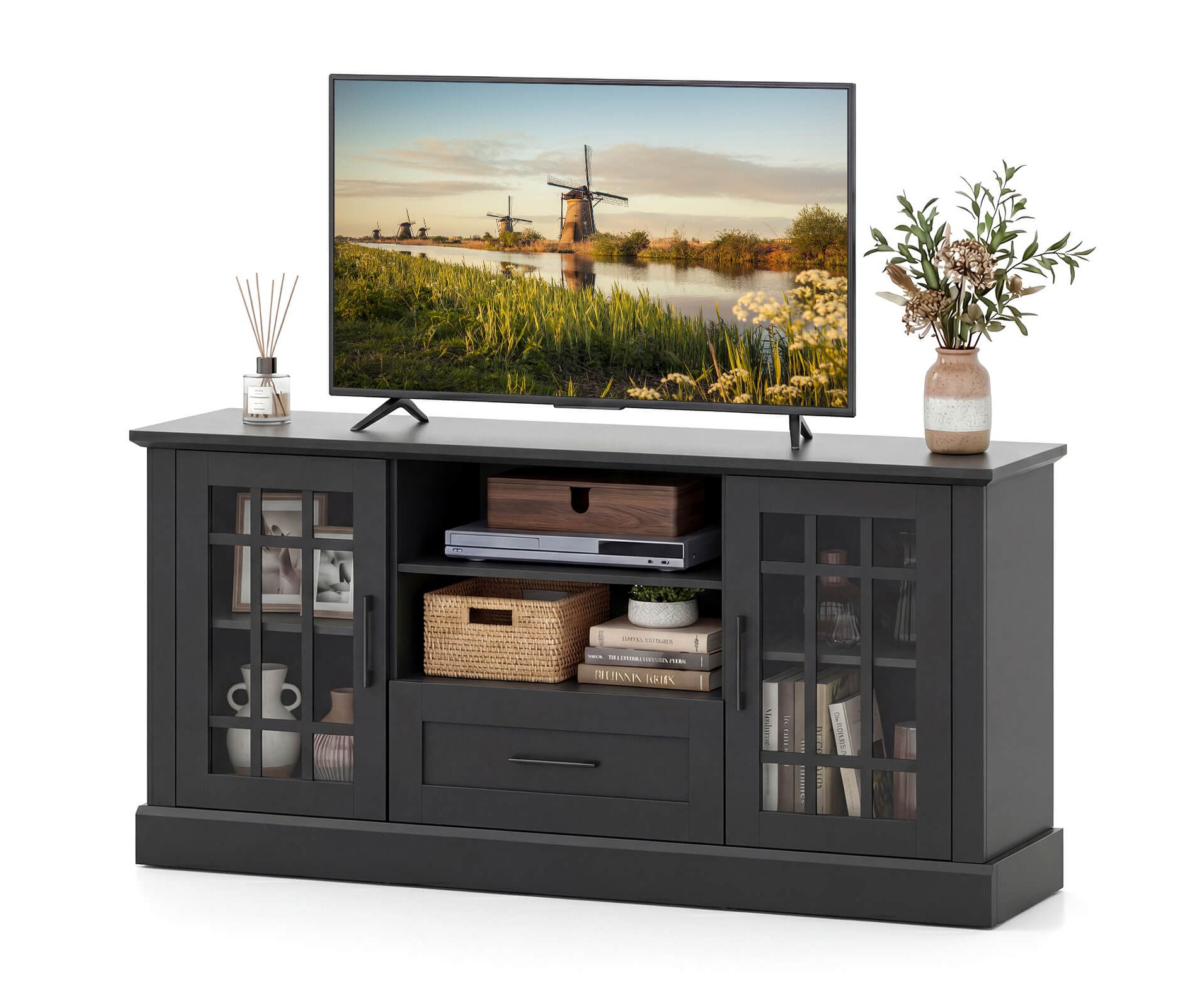 Costway 63-Inch Modern TV Cabinet TV Console Table w/ 2 Side Cabinets & Drawer Suits 70” Televisions Farmhouse Style Black\White