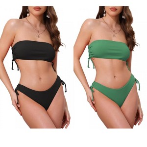 INSPIRE CHIC Women's Bandeau Drawstring Side Tie Ribbed Strapless Top Triangle Bottom Swimwear Bathing Bikini Suits 2 Sets - 1 of 4